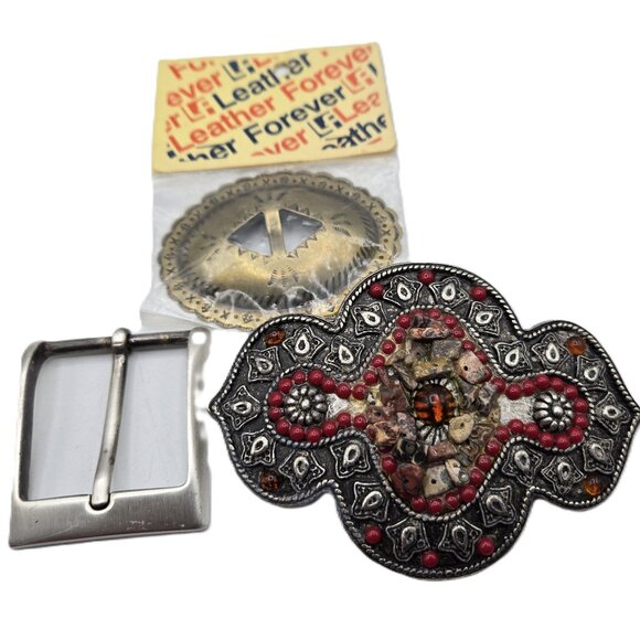 3 Fun Belt-Buckles Men Women 1 from Italy 1 Handcrafted Red 1 Gold-Tone - Picture 1 of 6